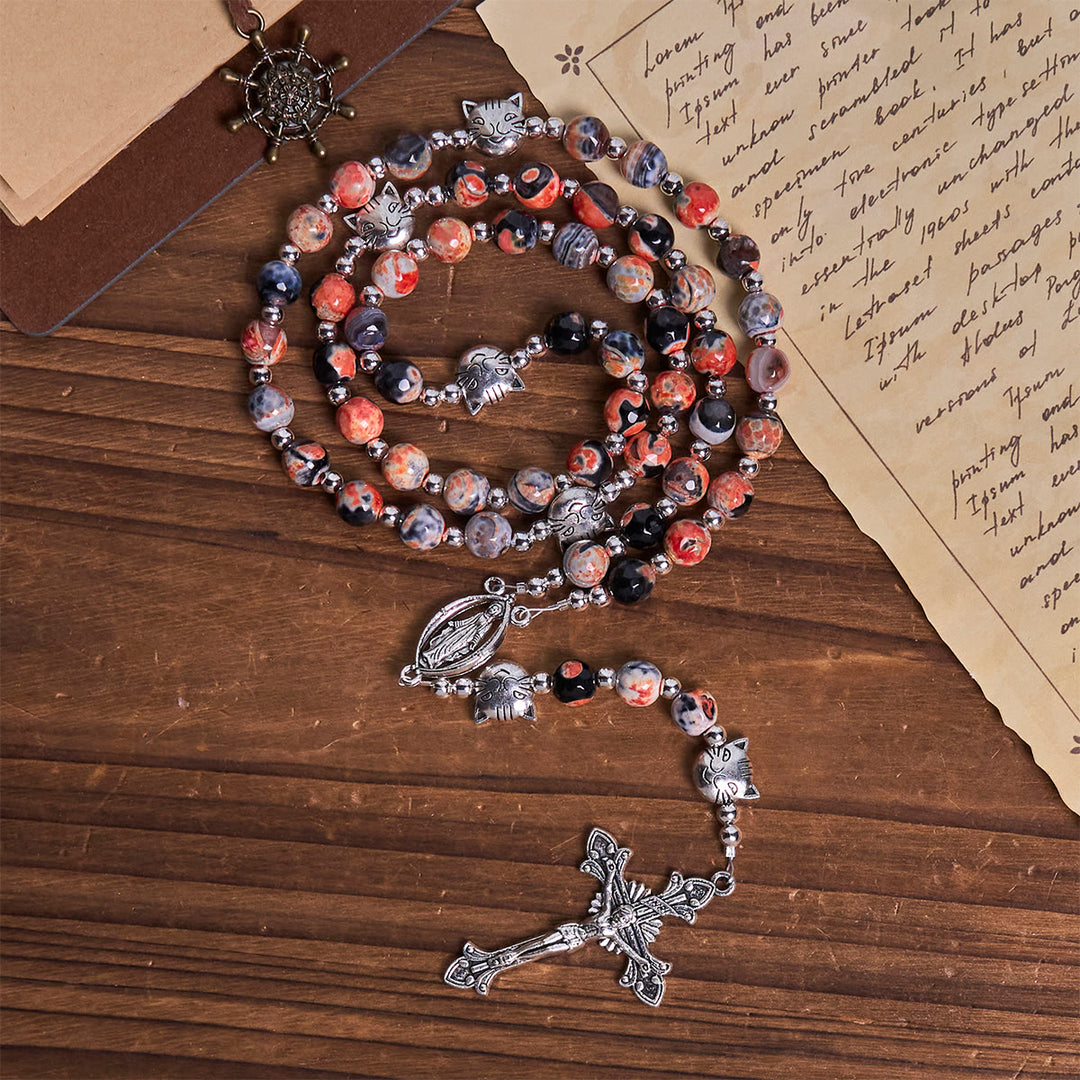 Christianartworkshop Calico Cat Pray Rosary & Bracelets Memorial Set in Artificial Marbling Agate Beads - image 6