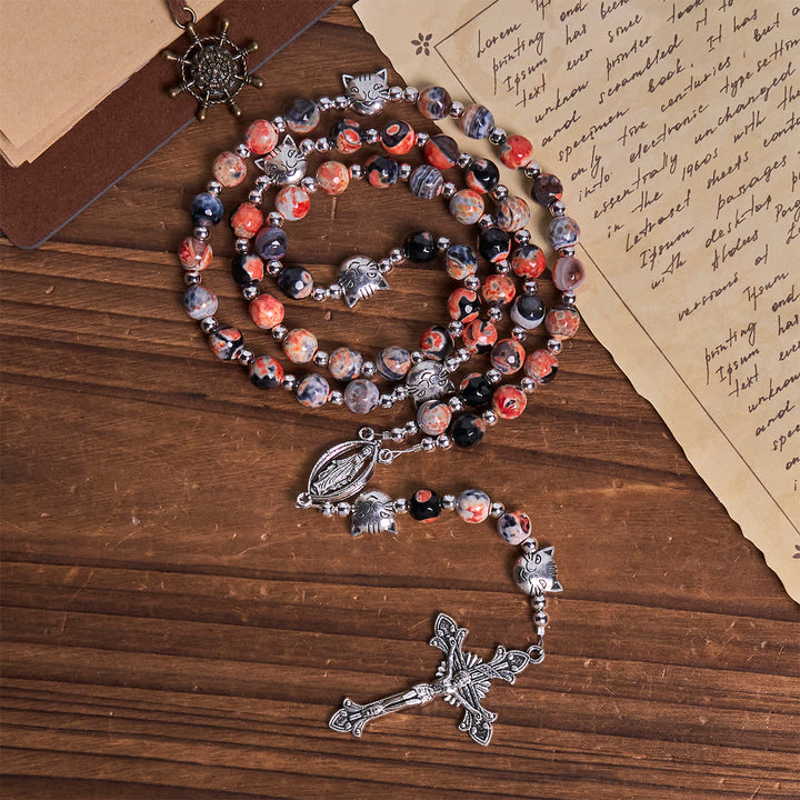 Christianartworkshop Calico Cat Pray Rosary & Bracelets Memorial Set in Artificial Marbling Agate Beads - image 6