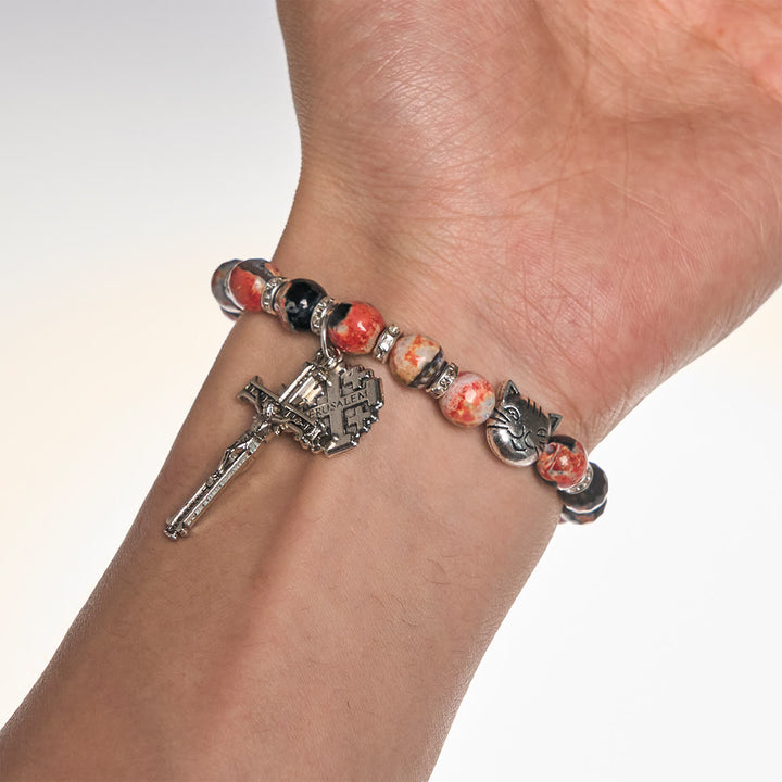 Christianartworkshop Calico Cat Pray Rosary & Bracelets Memorial Set in Artificial Marbling Agate Beads - image 2