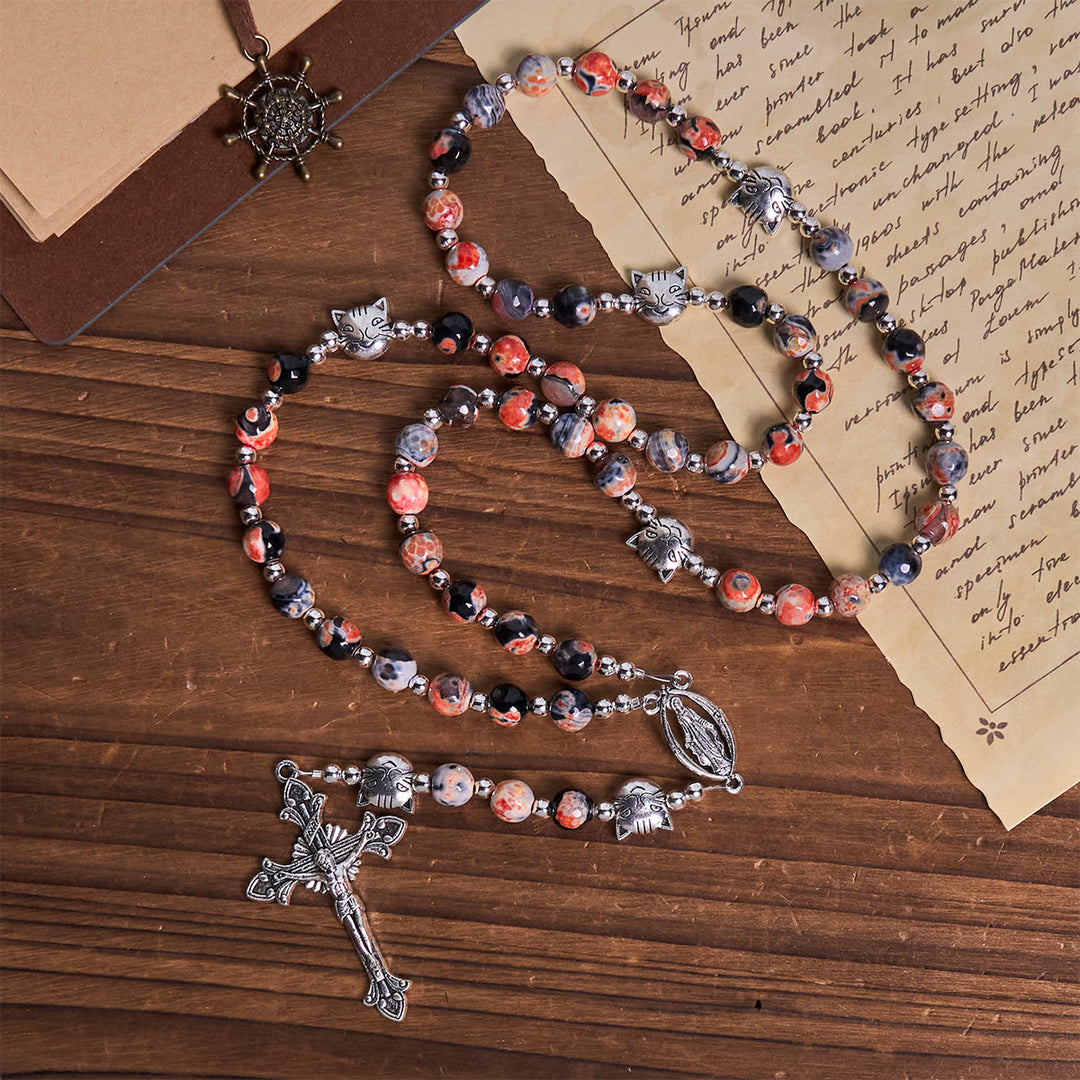 Christianartworkshop Calico Cat Pray Rosary & Bracelets Memorial Set in Artificial Marbling Agate Beads - image 7