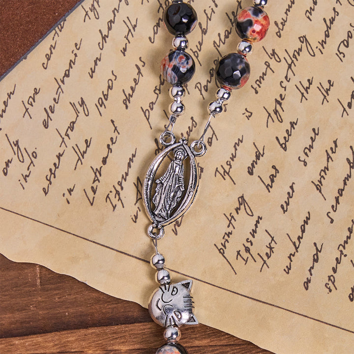 Christianartworkshop Calico Cat Pray Rosary & Bracelets Memorial Set in Artificial Marbling Agate Beads - image 9
