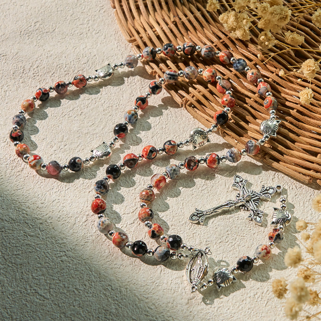 Christianartworkshop Calico Cat Pray Rosary & Bracelets Memorial Set in Artificial Marbling Agate Beads - image 3