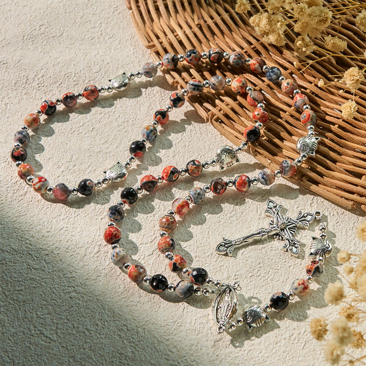 Christianartworkshop Calico Cat Pray Rosary & Bracelets Memorial Set in Artificial Marbling Agate Beads - image 3