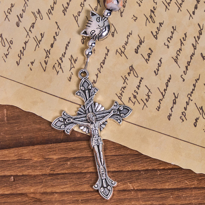 Christianartworkshop Calico Cat Pray Rosary & Bracelets Memorial Set in Artificial Marbling Agate Beads - image 8