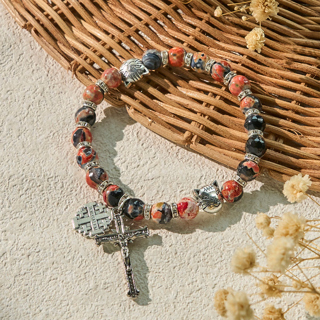 Christianartworkshop Calico Cat Pray Rosary & Bracelets Memorial Set in Artificial Marbling Agate Beads - image 11