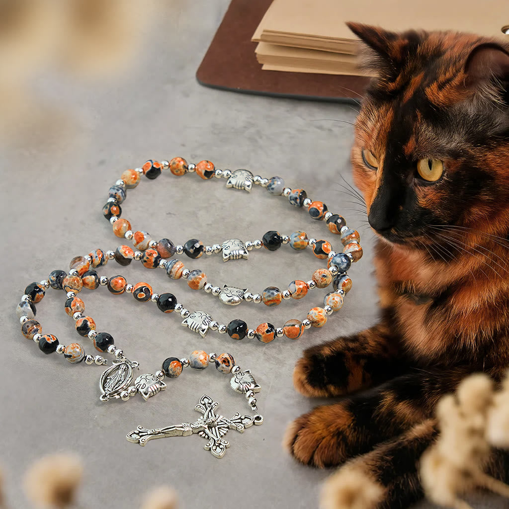 Christianartworkshop Calico Cat Pray Rosary & Bracelets Memorial Set in Artificial Marbling Agate Beads - Rosary - image 0