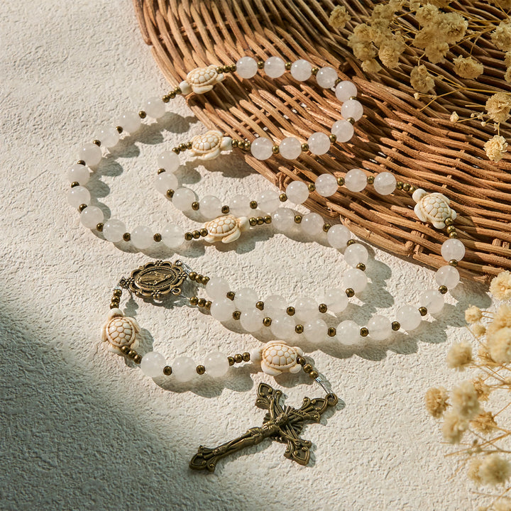 Christianartworkshop Serene White Quartz and Sacred Turtle Prayer Rosary with Miraculous Medal - image 4