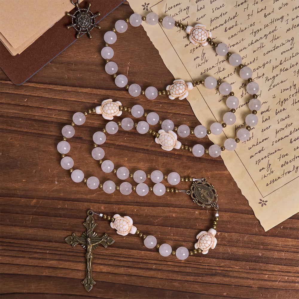 Christianartworkshop Serene White Quartz and Sacred Turtle Prayer Rosary with Miraculous Medal - image 2