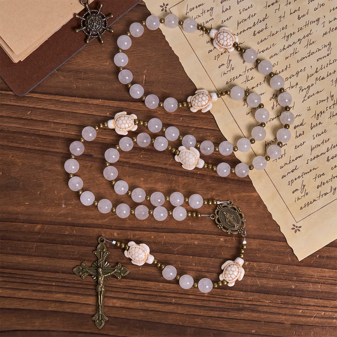 Christianartworkshop Serene White Quartz and Sacred Turtle Prayer Rosary with Miraculous Medal - image 2