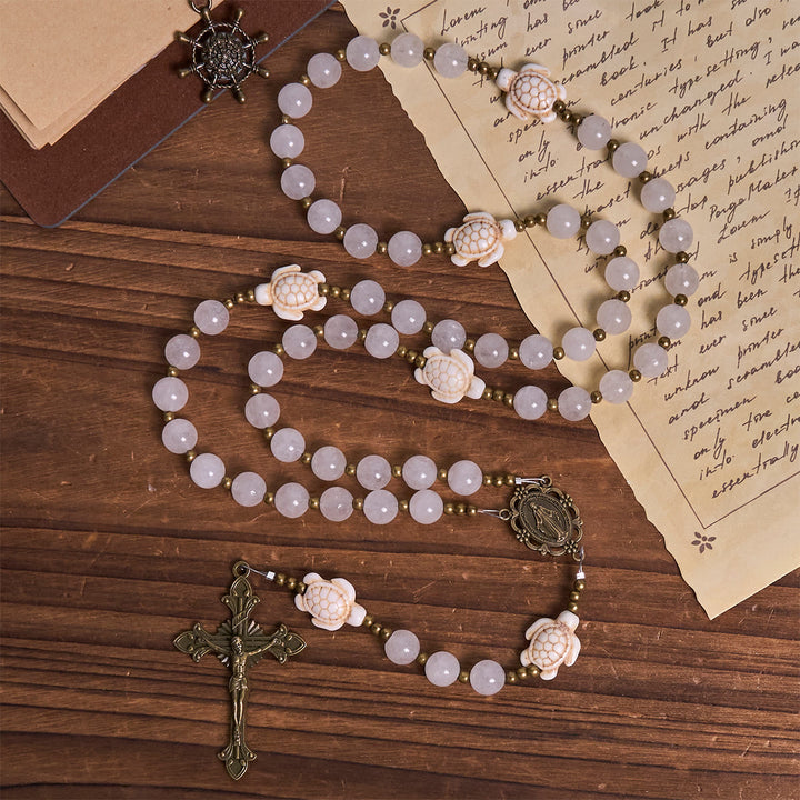 Christianartworkshop Serene White Quartz and Sacred Turtle Prayer Rosary with Miraculous Medal - image 2