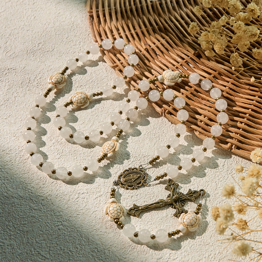 Christianartworkshop Serene White Quartz and Sacred Turtle Prayer Rosary with Miraculous Medal - image 5