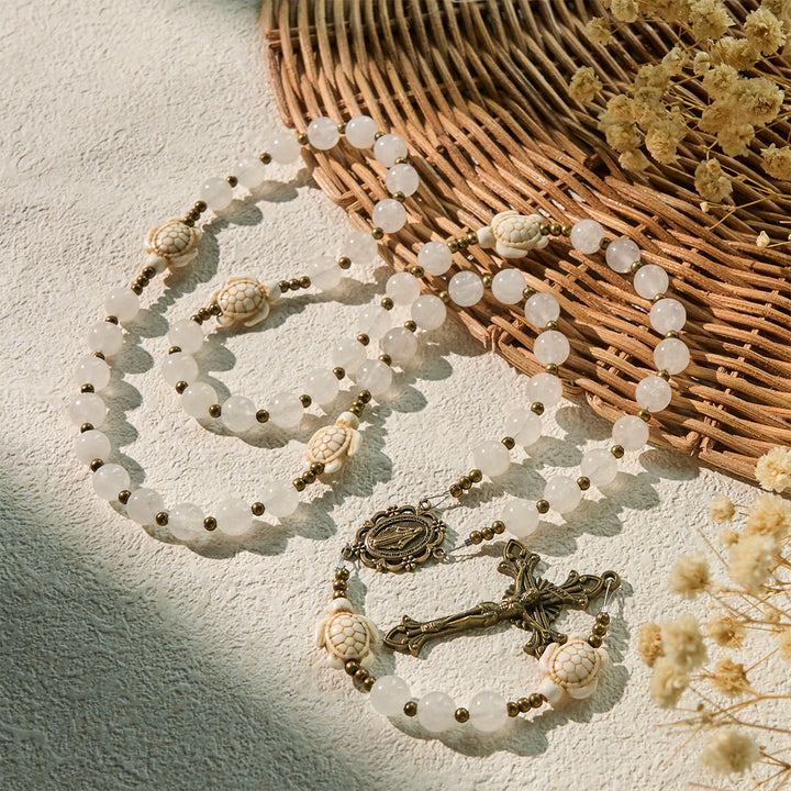 Christianartworkshop Serene White Quartz and Sacred Turtle Prayer Rosary with Miraculous Medal - image 5