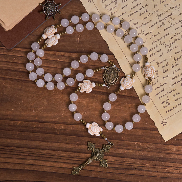 Christianartworkshop Serene White Quartz and Sacred Turtle Prayer Rosary with Miraculous Medal - image 3