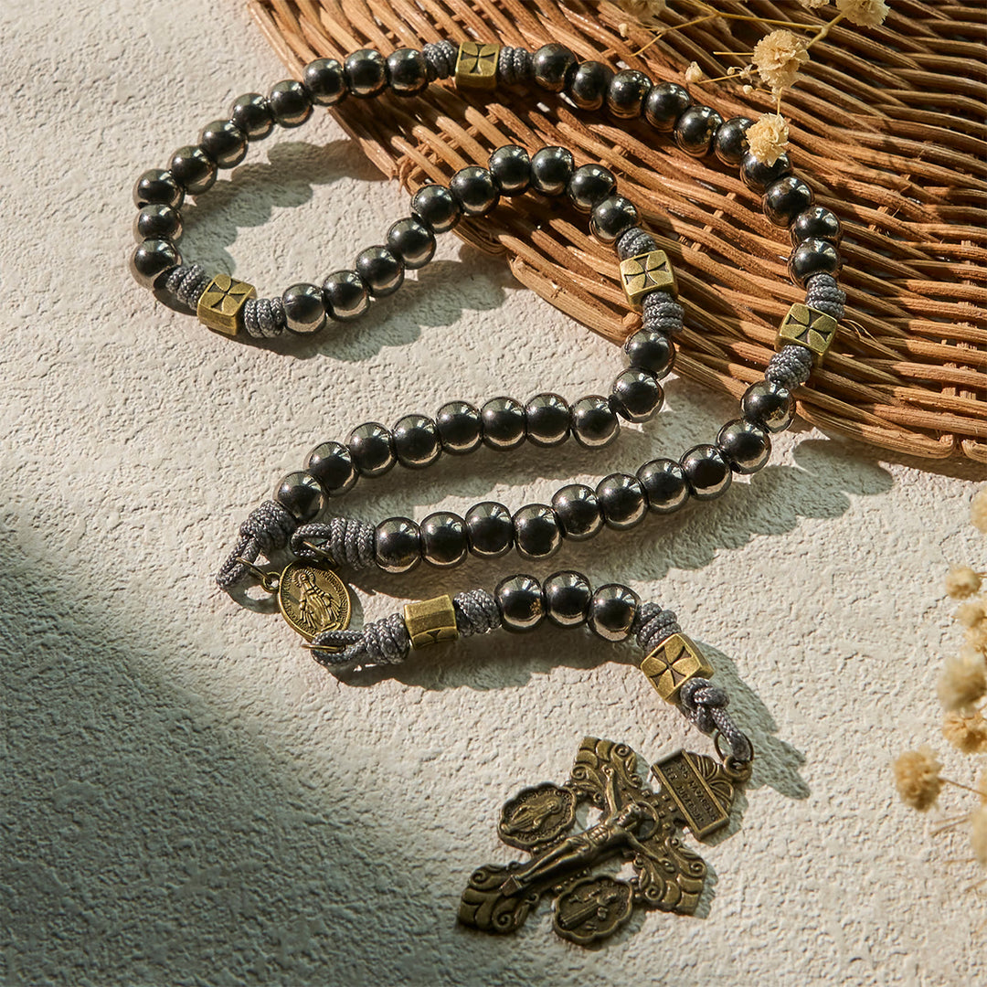 Christianartworkshop Miraculous Medal & Crucifix of 8 mm Round Silver Black Gallstone Nylon Cord Rosary - image 5