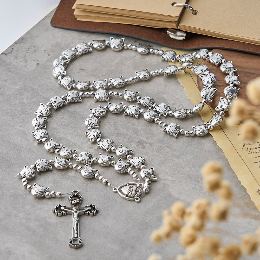 Christianartworkshop Unique Tabby Cat Face Stainless Steel Rosary with Sacred Heart Centerpiece - Cat Rosary - image 1