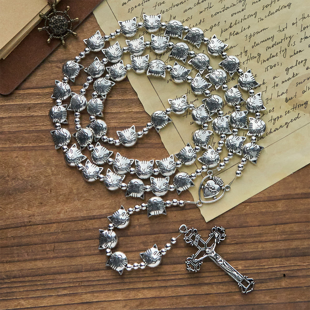 Christianartworkshop Unique Tabby Cat Face Stainless Steel Rosary with Sacred Heart Centerpiece - image 2