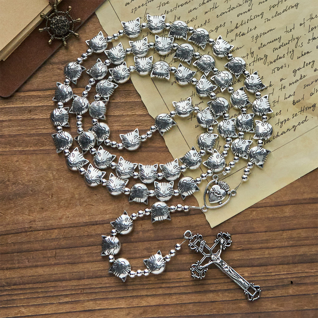 Christianartworkshop Unique Tabby Cat Face Stainless Steel Rosary with Sacred Heart Centerpiece - image 2