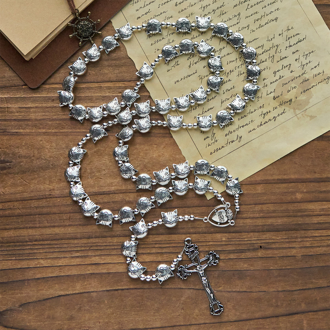 Christianartworkshop Unique Tabby Cat Face Stainless Steel Rosary with Sacred Heart Centerpiece - image 3