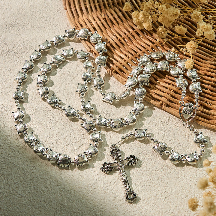 Christianartworkshop Unique Tabby Cat Face Stainless Steel Rosary with Sacred Heart Centerpiece - image 4
