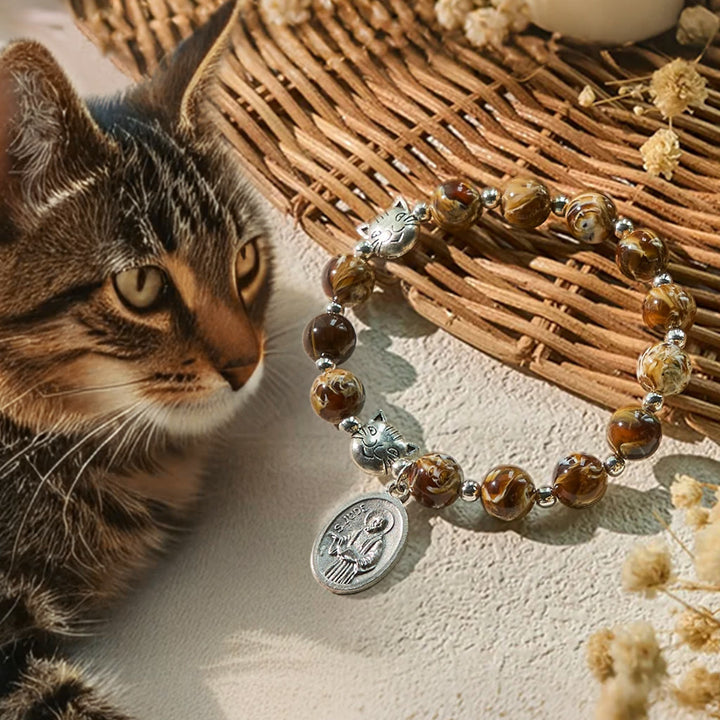 Christianartworkshop Memorial Brown Tabby Cat with Handmade Amber Beads Animal Rosary Bracelet  - Tabby Cat Rosary Bracelet - image 0