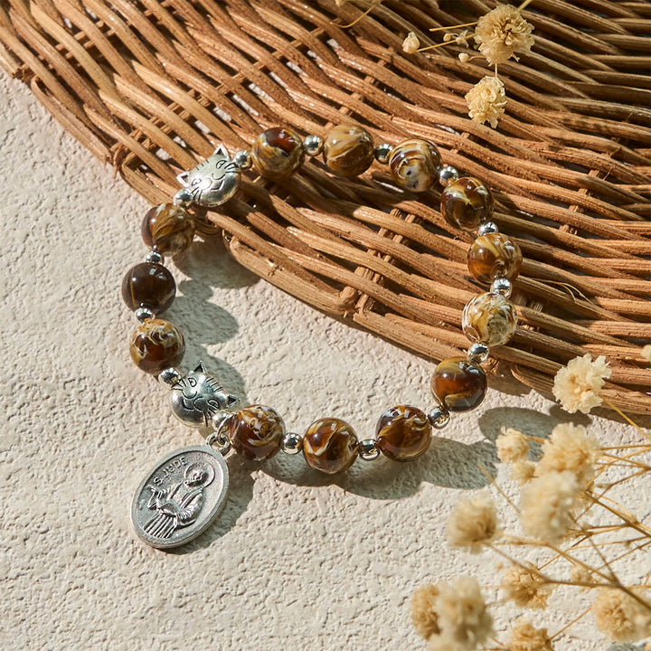Christianartworkshop Memorial Brown Tabby Cat with Handmade Amber Beads Animal Rosary Bracelet  - image 2