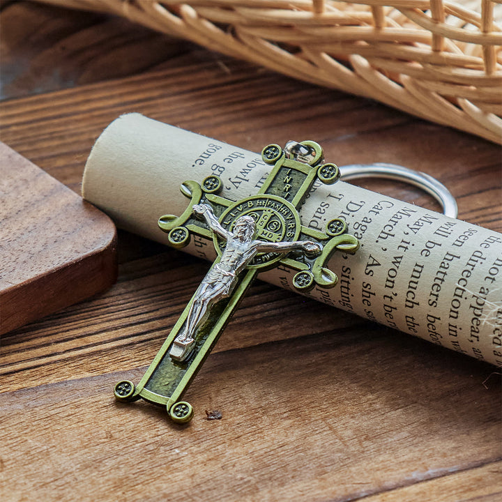 Christianartworkshop Antique Green & Antique Silver Crucifix with St. Benedict Keychain - image 4