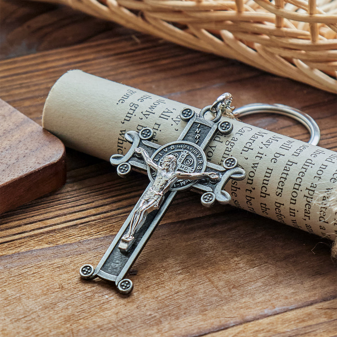 Christianartworkshop Antique Green & Antique Silver Crucifix with St. Benedict Keychain - image 5