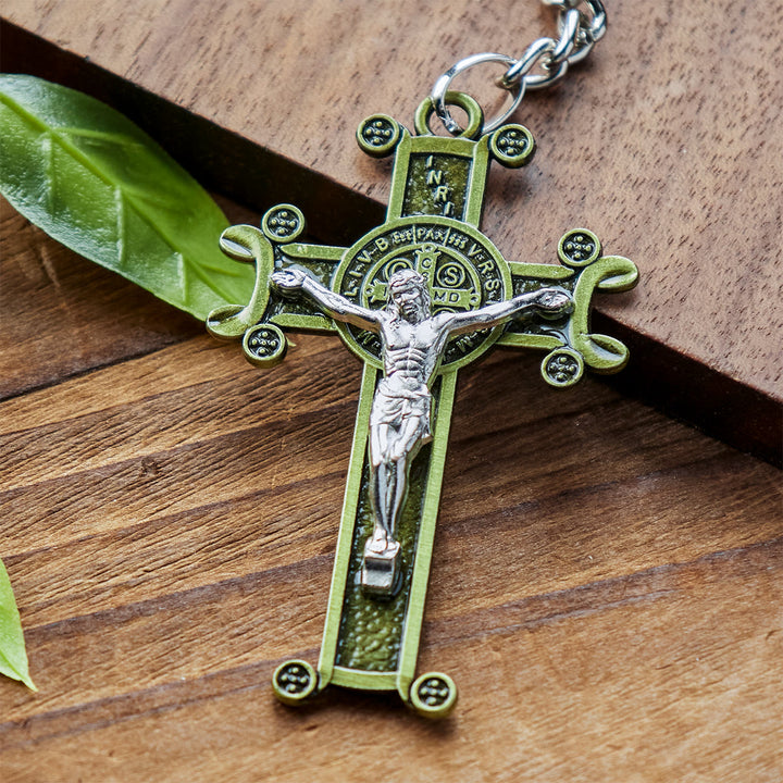 Christianartworkshop Antique Green & Antique Silver Crucifix with St. Benedict Keychain - image 2