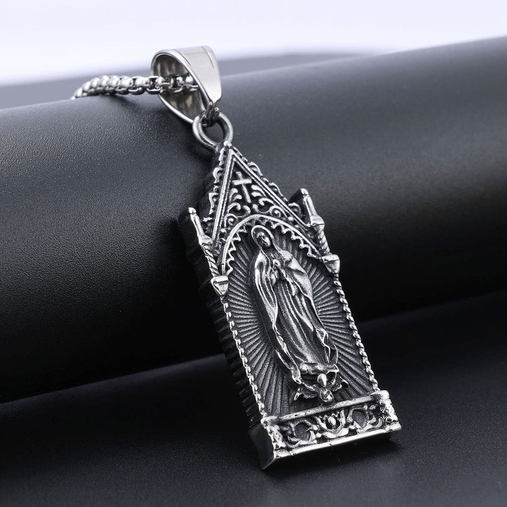 Christianartworkshop Antique Silver Virgin Mary Necklace in Gothic Cathedral Frame - image 3
