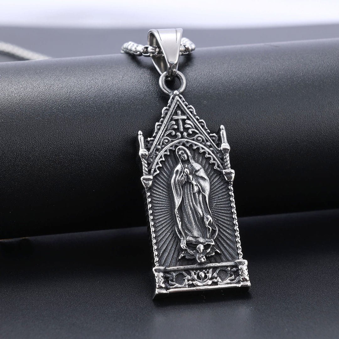Christianartworkshop Antique Silver Virgin Mary Necklace in Gothic Cathedral Frame - Stainless Steel - image 0