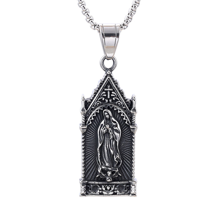 Christianartworkshop Antique Silver Virgin Mary Necklace in Gothic Cathedral Frame - image 4