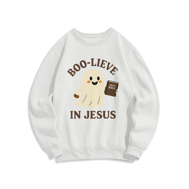 Christianartworkshop Boo-Lieve in Jesus Faith Over Fear Fleece Lined Polyester Sweatshirt - White - 2XL - image 2