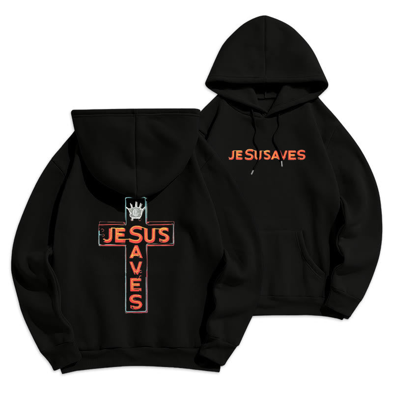 Christianartworkshop Jesus Saves Cross Graphic Faith Statement Fleece Lined Polyester Hoodie - Black - 2XL - image 1