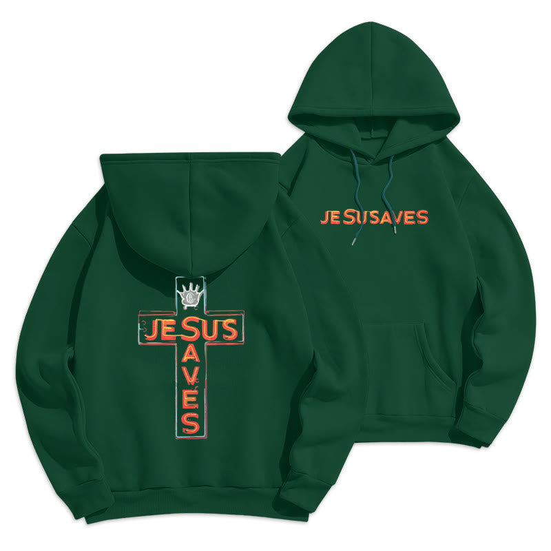 Christianartworkshop Jesus Saves Cross Graphic Faith Statement Fleece Lined Polyester Hoodie - Green - 2XL - image 4