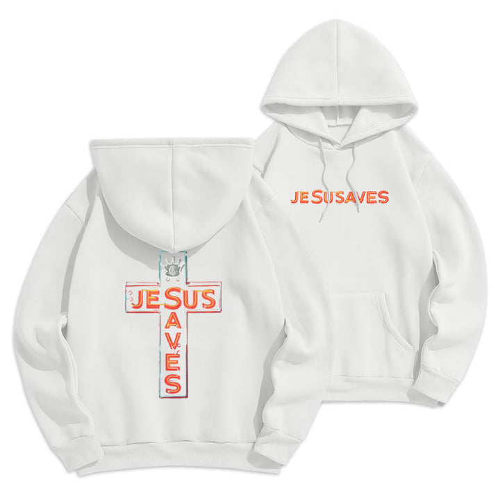 Christianartworkshop Jesus Saves Cross Graphic Faith Statement Fleece Lined Polyester Hoodie - White - 2XL - image 2