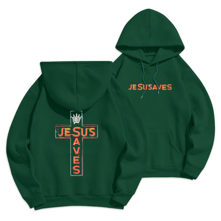 Christianartworkshop Jesus Saves Cross Graphic Faith Statement Fleece Lined Polyester Hoodie - Green - 2XL - image 4
