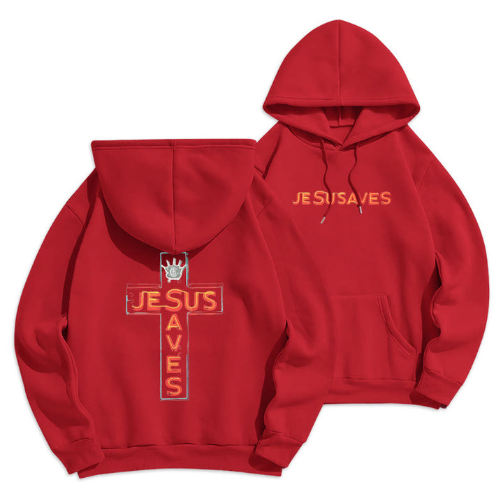 Christianartworkshop Jesus Saves Cross Graphic Faith Statement Fleece Lined Polyester Hoodie - Red - 2XL - image 3