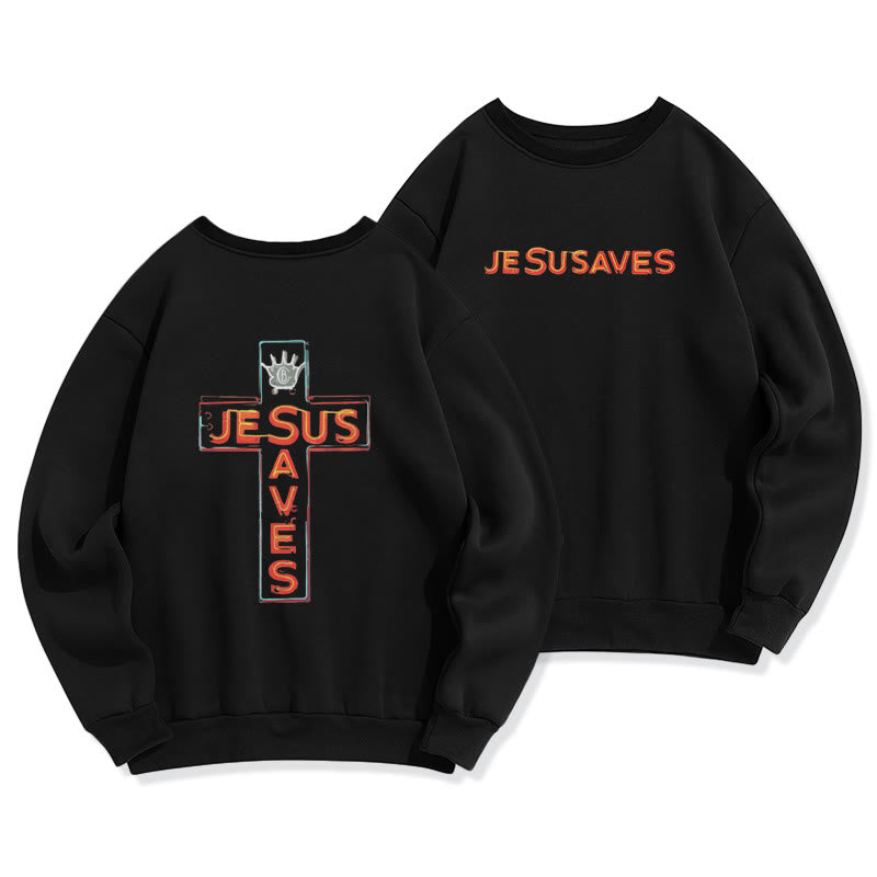 Christianartworkshop Jesus Saves Cross Graphic Faith Statement Fleece Lined Polyester Sweatshirt - Black - 2XL - image 1