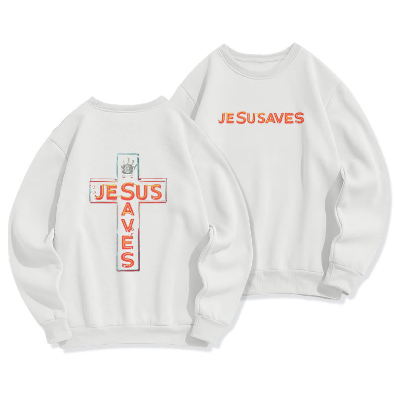 Christianartworkshop Jesus Saves Cross Graphic Faith Statement Fleece Lined Polyester Sweatshirt - White - 2XL - image 2