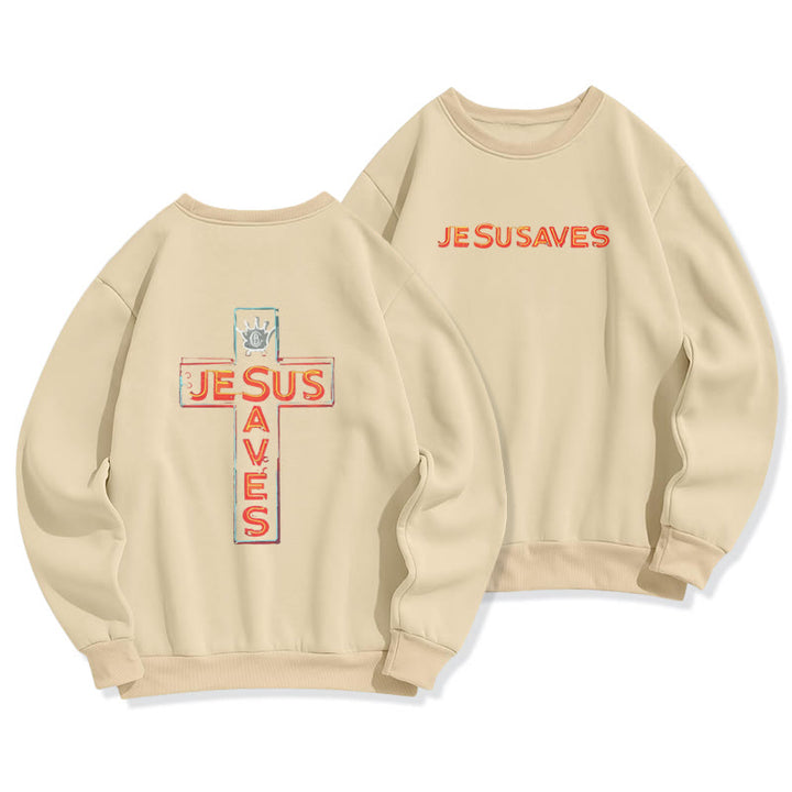 Christianartworkshop Jesus Saves Cross Graphic Faith Statement Fleece Lined Polyester Sweatshirt - Beige - 2XL - image 4