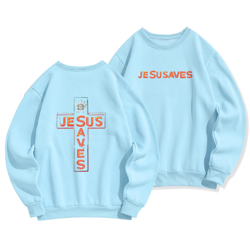 Christianartworkshop Jesus Saves Cross Graphic Faith Statement Fleece Lined Polyester Sweatshirt - Blue - 2XL - image 5