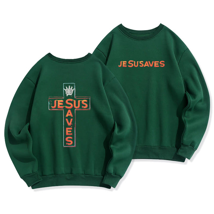 Christianartworkshop Jesus Saves Cross Graphic Faith Statement Fleece Lined Polyester Sweatshirt - Green - 2XL - image 7