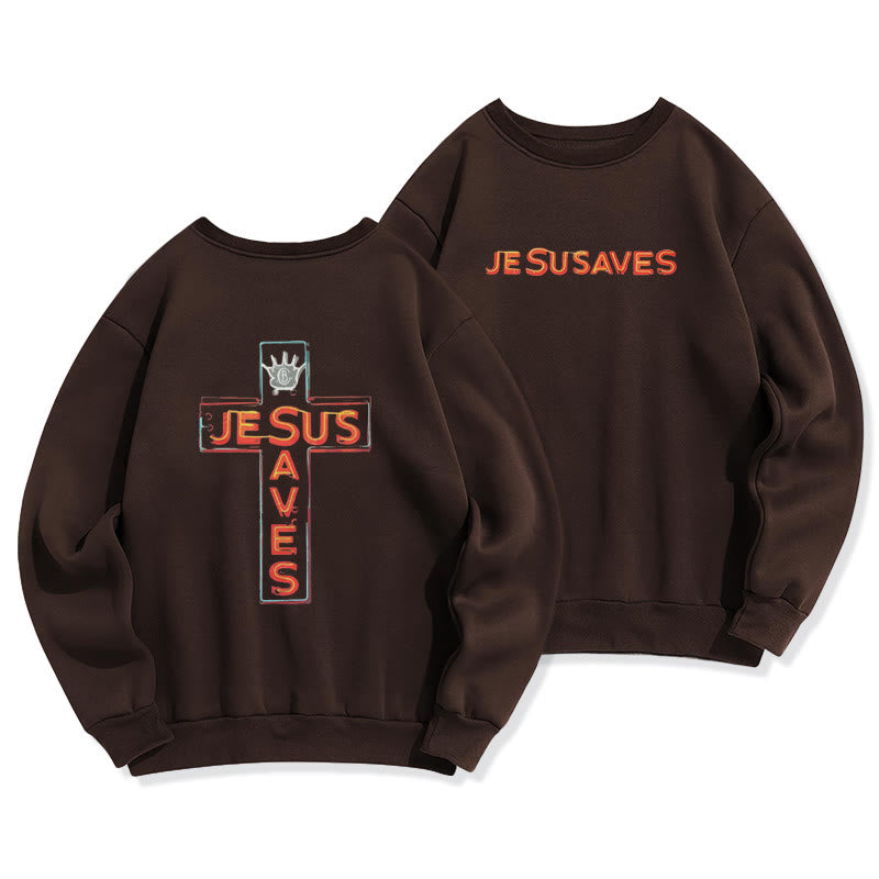 Christianartworkshop Jesus Saves Cross Graphic Faith Statement Fleece Lined Polyester Sweatshirt - Brown - 2XL - image 5