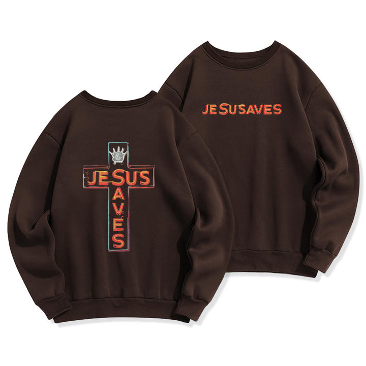 Christianartworkshop Jesus Saves Cross Graphic Faith Statement Fleece Lined Polyester Sweatshirt - Brown - 2XL - image 5