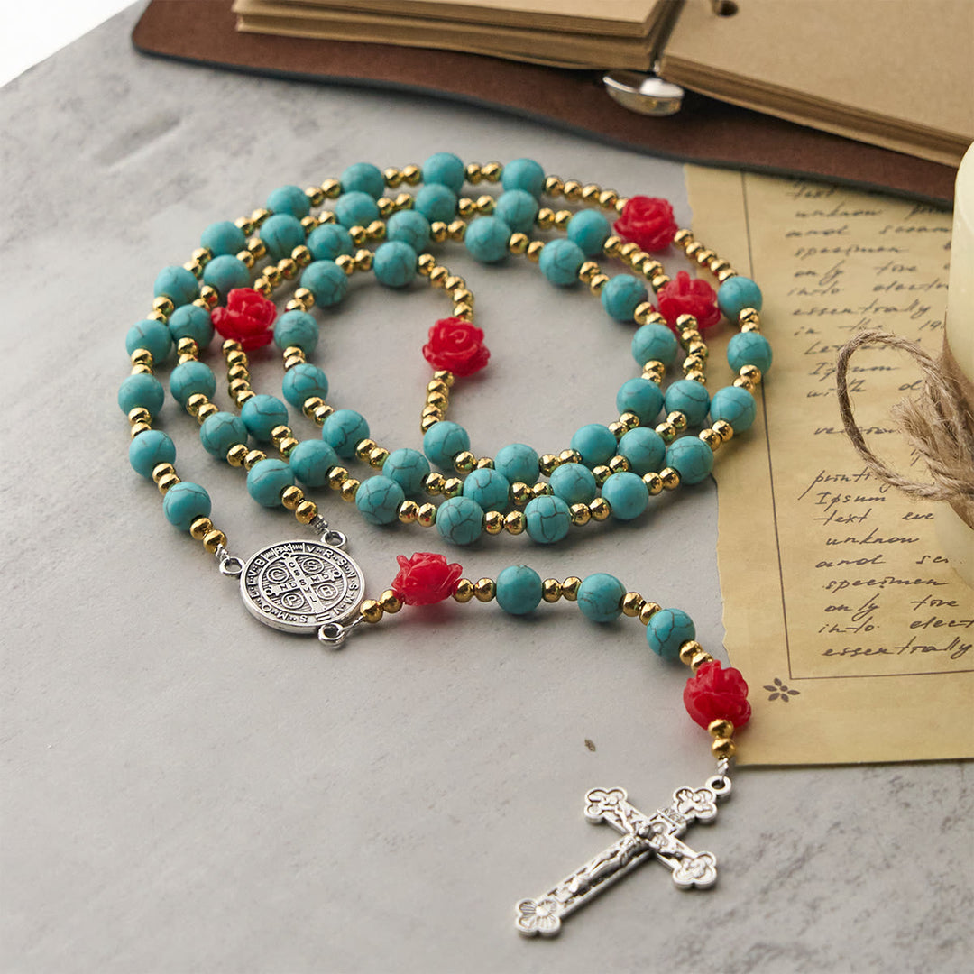 Christianartworkshop Elegant Red & Blue Rose Rosary with Turquoise Beads: Blessed by Our Lady and St. Benedict - image 3