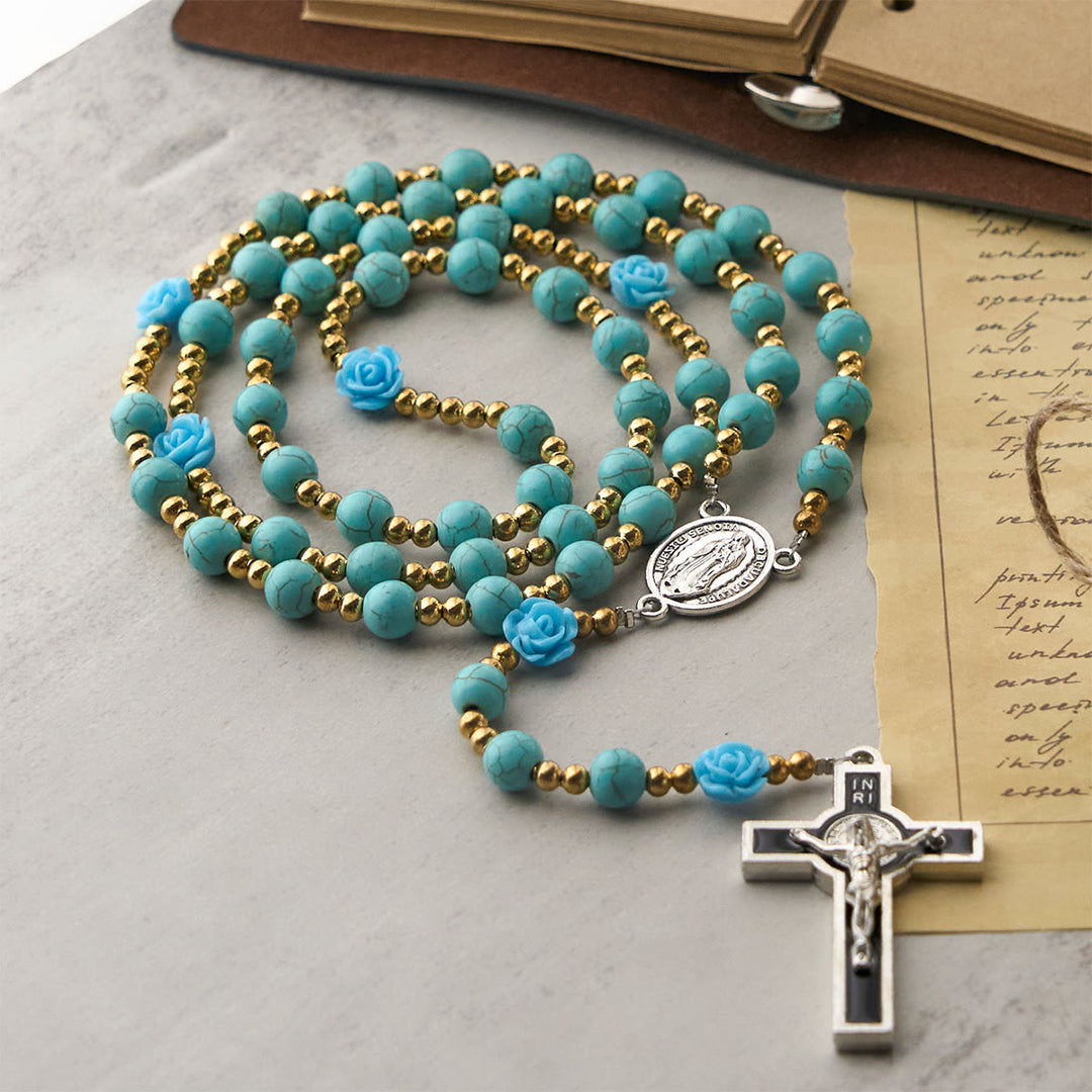 Christianartworkshop Elegant Red & Blue Rose Rosary with Turquoise Beads: Blessed by Our Lady and St. Benedict - image 14