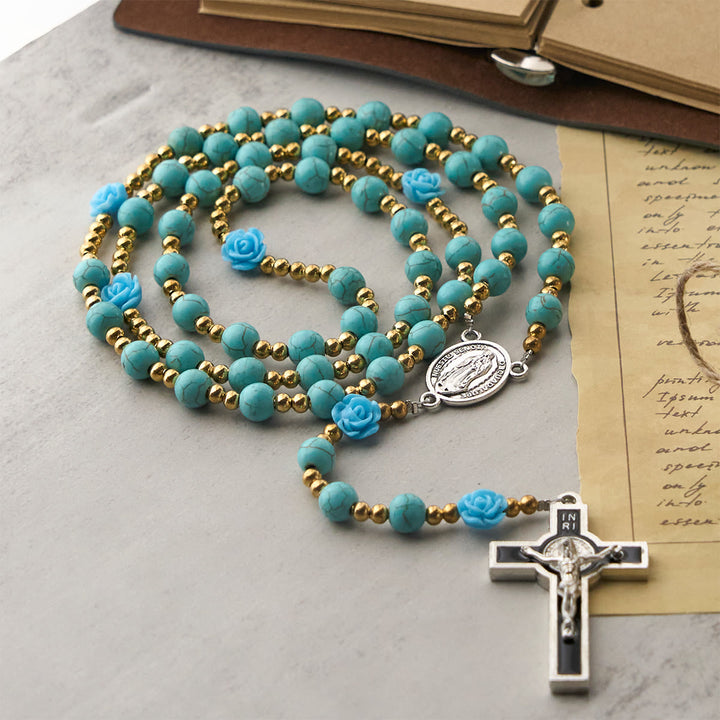 Christianartworkshop Elegant Red & Blue Rose Rosary with Turquoise Beads: Blessed by Our Lady and St. Benedict - image 14