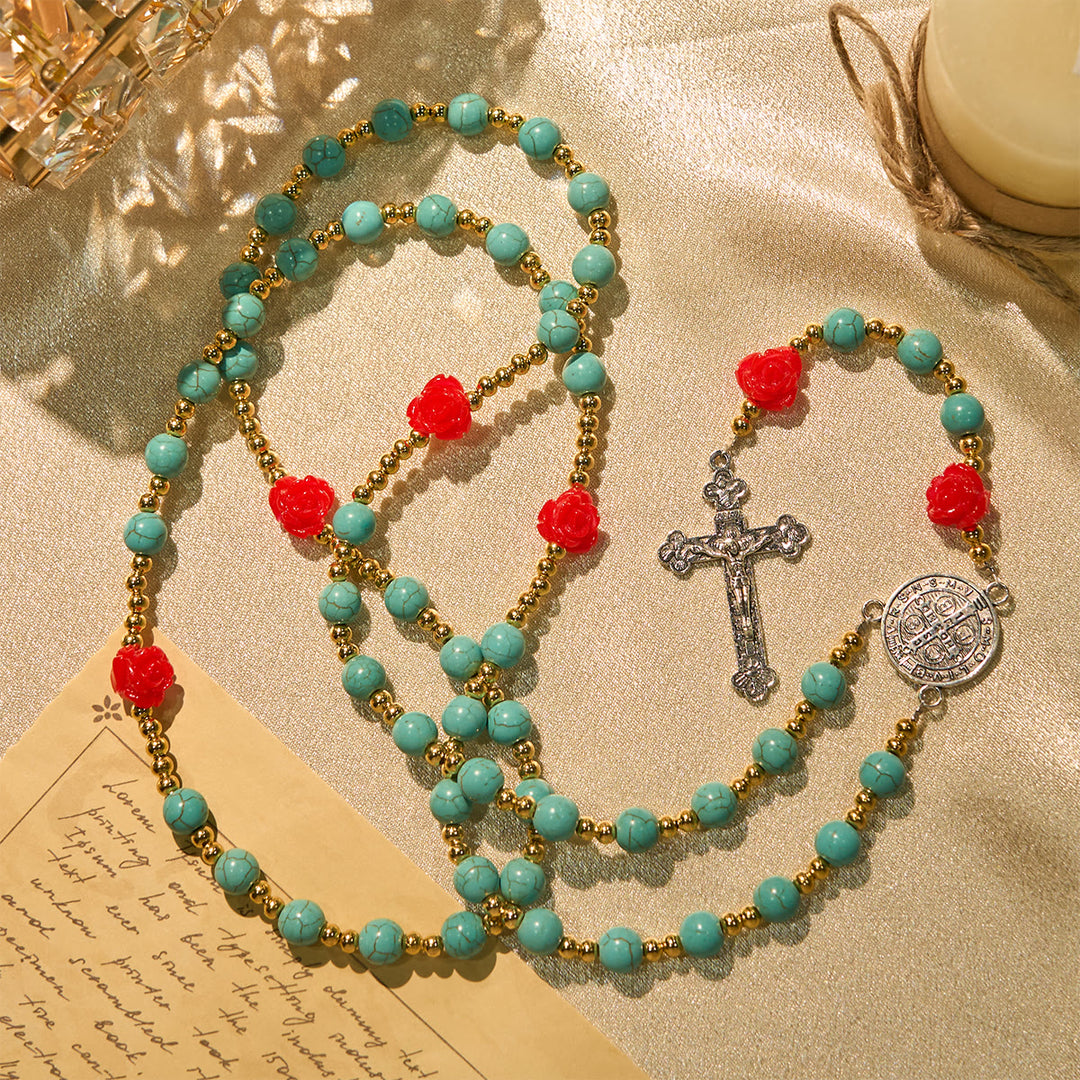 Christianartworkshop Elegant Red & Blue Rose Rosary with Turquoise Beads: Blessed by Our Lady and St. Benedict - Red Rose - image 0