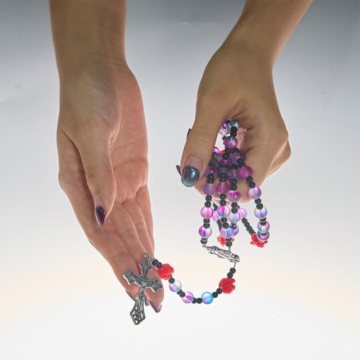 Christianartworkshop Mystical Frosted Purple-Blue Beads Rosary with Red Roses & Miraculous Medal Blessing - image 2