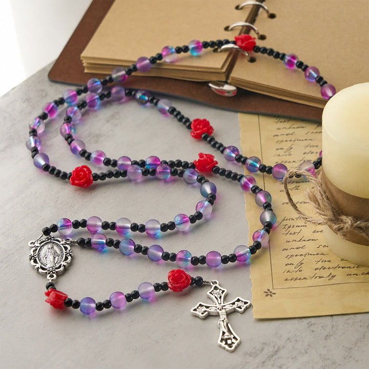 Christianartworkshop Mystical Frosted Purple-Blue Beads Rosary with Red Roses & Miraculous Medal Blessing - image 4
